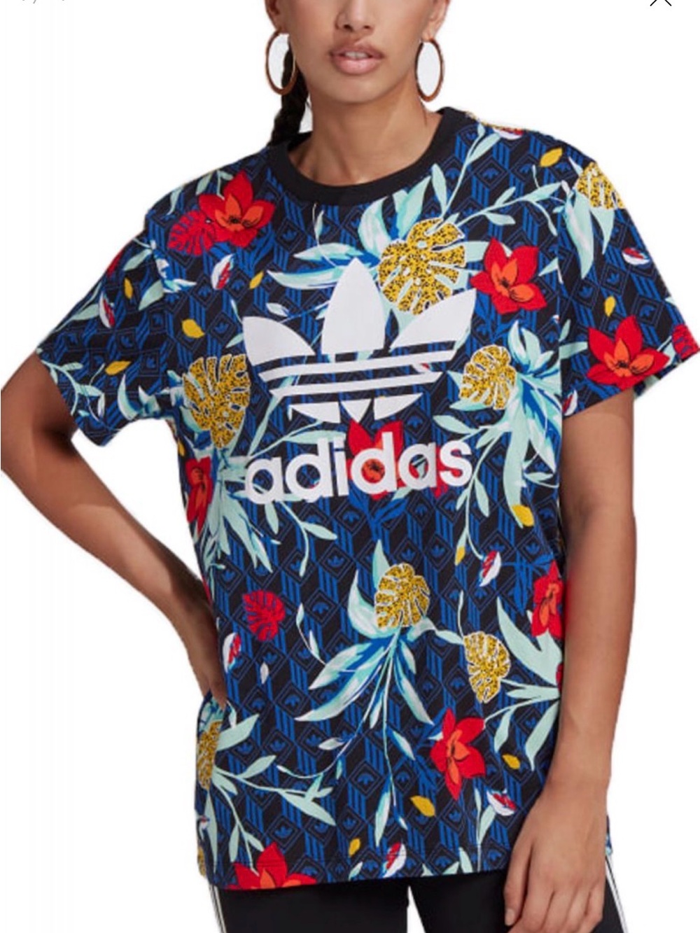 Adidas x Her Women's Md Navy Floral Trefoil Tee White Adidas Logo Like New